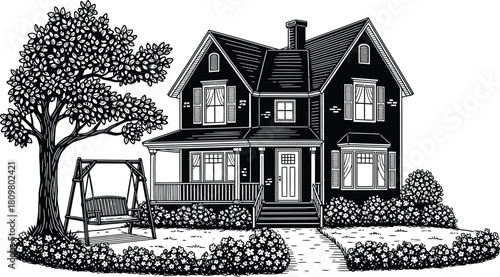 Victorian house with swing, tree, and flowers