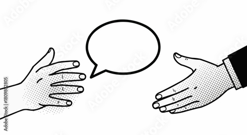 Hands reaching out with speech bubble representing communication and dialogue.