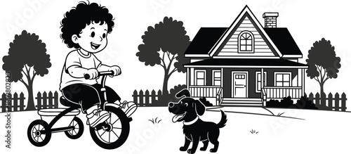 Cheerful boy riding tricycle with dog near house, cartoon illustration