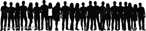 Large group of diverse people silhouettes standing in a row, crowd of men and women vector illustration isolated on white.