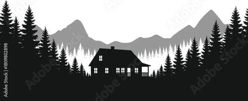 Cabin Silhouette with Mountains and Pine Trees, Serene Landscape