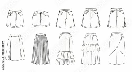 A collection of ten different skirt designs as technical flat sketches.