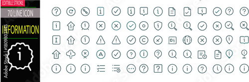 A comprehensive collection of 70 minimalist line icons for information, alerts, questions, and user interface elements.