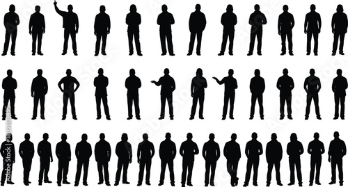 Large set of men silhocollection.Large set of men silhouettes standing in various poses, male characters vector illustration isolated on white, casual people collection.