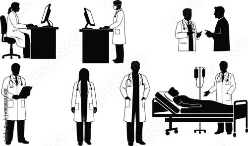 Medical doctor silhouettes vector set, healthcare professionals working in hospital, consulting patient, physician illustration collection, black and white icons, medicine.