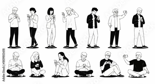 Diverse group of people engrossed in their smartphones in various poses.