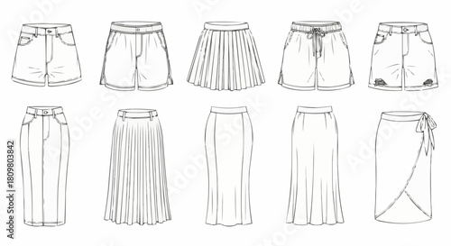 Collection of various womens skirts and shorts fashion flat sketches, diverse styles.