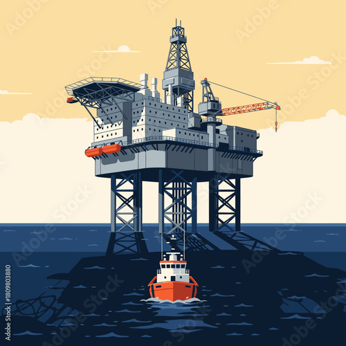 Illustration of an offshore oil rig with a support vessel, showcasing energy production and maritime industry against a stylized sky.
