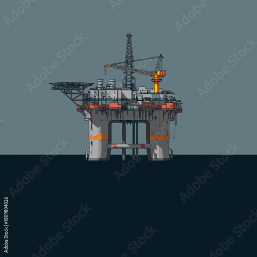 An illustrated offshore oil rig stands in the ocean, a symbol of energy production and industrial infrastructure, rendered with a digital art style.