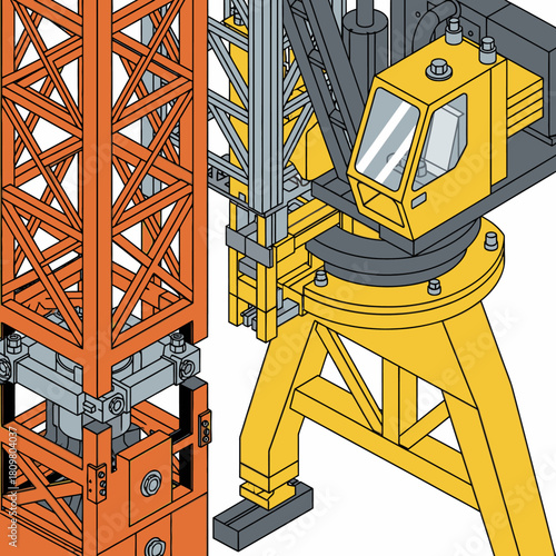 A detailed illustration of a construction crane's intricate structure, showcasing its robust design and industrial components in vibrant colors.