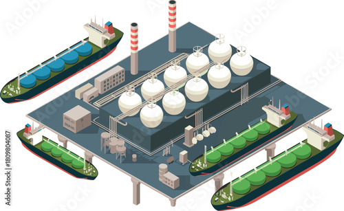 Isometric 3D illustration of liquefied natural gas terminal with storage tanks, industrial pipes, cargo ships, and energy transportation infrastructure