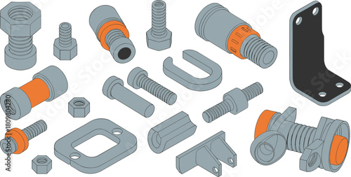 Isometric 3d illustration of mechanical parts, nuts, bolts, screws, industrial hardware, engineering components, assembly tools, metal fasteners, machinery design