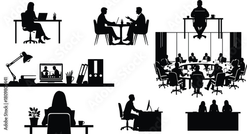 Set of business office silhouettes, people working at desks, conference meeting room, video call, corporate workplace vector illustration collection