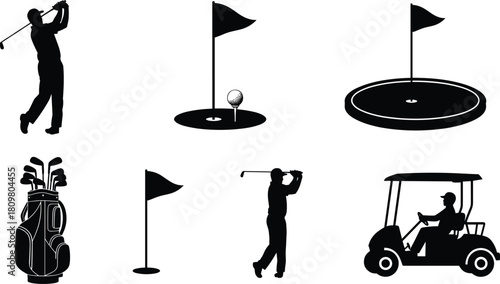 Set of black golf silhouettes, vector icons including golfer swing, cart, bag, flag and ball, isolated sport illustrations.
