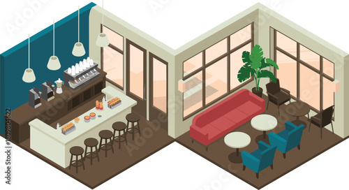 Isometric 3D illustration of modern coffee shop interior with counter, tables, chairs, bar stools, and cozy lounge seating