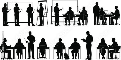 Set of business training silhouettes, people in classroom with whiteboard, corporate seminar, workshop presentation, student exam, vector illustration