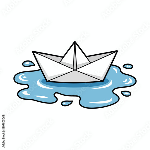 Simple origami paper boat on blue water symbolizing travel and navigation