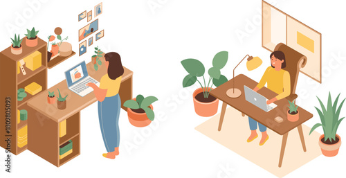 Isometric 3D illustration of modern home office interior with two women working at wooden desks and indoor plants