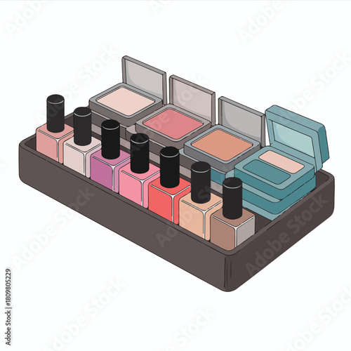 Isometric vector illustration of makeup artist brushes and lipstick in an apartment interior design