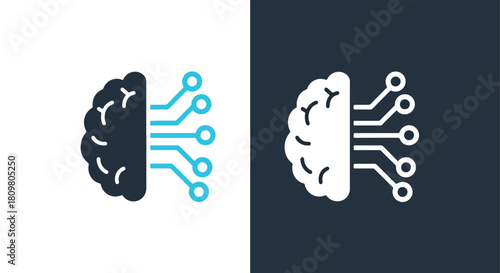 Brain with digital neural network concept - Vector icon symbol for website - Icon vector - Blue icon vector - Line and glyph solid icon and logo template