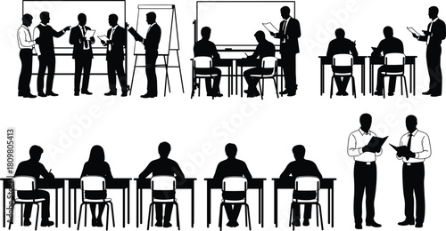 Set of business training silhouettes, people in classroom with whiteboard, students taking exam, corporate workshop, vector illustration collection
