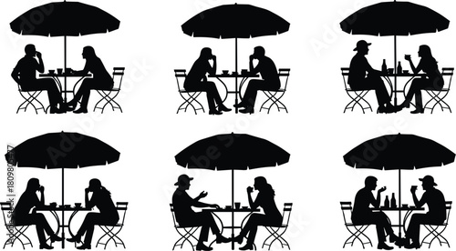 Set of couples sitting at cafe tables under umbrellas, outdoor dining terrace silhouettes, romantic date vector illustration, summer leisure