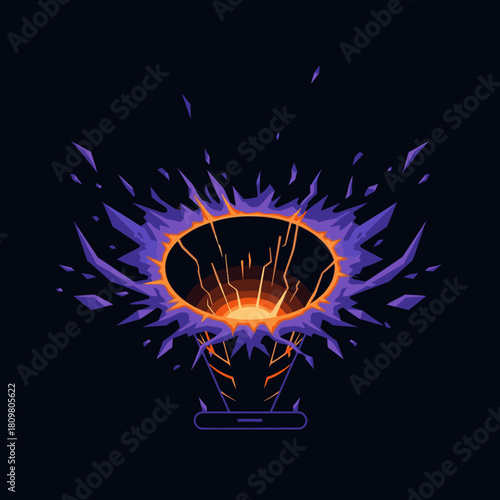 A vibrant digital illustration shows a futuristic portal opening, emitting bright light and energy against a dark background, ready for travel.