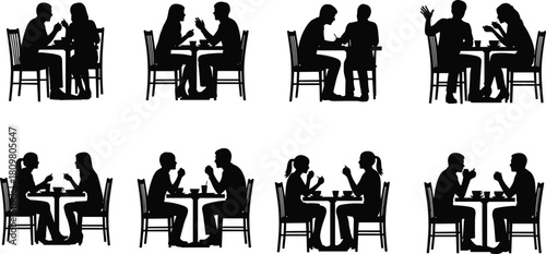 Set of couples sitting at restaurant tables, people dining, talking and dating, cafe social meeting, black and white vector