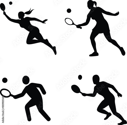 Dynamic tennis backhand shot silhouette set featuring athletes in powerful motion. Clean vector style perfect for sports graphics, posters, branding, coaching visuals, and professional design projects