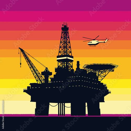 A vector illustration presents a silhouetted offshore oil rig with a helicopter against a vibrant sunset sky, symbolizing energy.