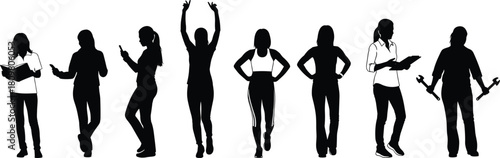 Set of diverse women silhouettes showing different careers and hobbies, female professions vector illustration isolated on white, education and labor.