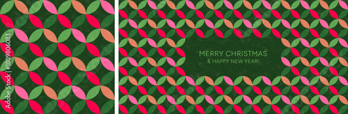 Christmas seamless pattern and banner. Abstract geometric background with holiday greetings. Merry Christmas and Happy New Year card and seamless pattern with diamonds and circles, vector illustration