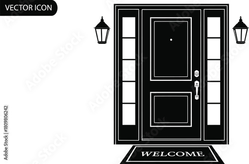 Elegant front door with sidelights and welcome mat, vector icon