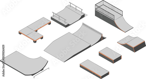 Isometric 3D illustration of skate park ramps and structures including half pipe, quarter pipe, rails, ledges, and fun boxes