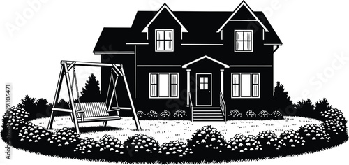 Suburban home with swing set, surrounded by bushes, family lifestyle