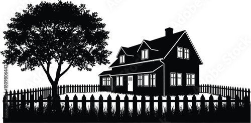 Silhouette of a House with Tree and Fence on a Summer Day, Vector