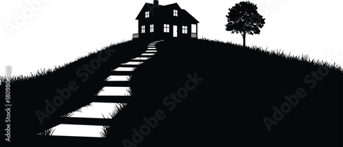 Silhouette house with pathway leading up to it, and a tree nearby