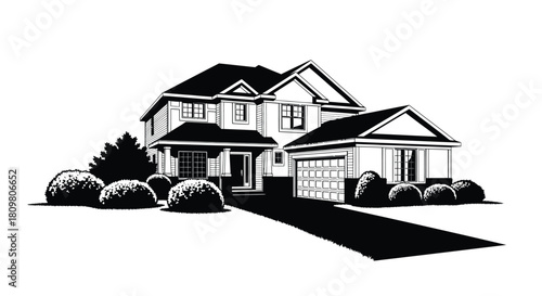 Black and White House with Garage, Bushes, and Driveway Illustration