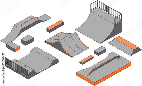 Isometric 3D illustration of skate park ramps and structures including half pipe, quarter pipe, rails, ledges, and fun boxes