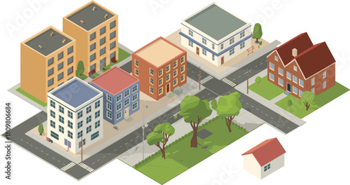 Isometric 3D illustration of suburban neighborhood with residential houses, modern apartment buildings, green trees, and clean city street intersection
