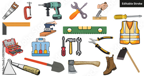 "Construction & DIY Tools Icon Set – Handyman, Workshop & Repair Editable Stroke Clipart"
