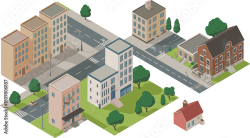 Isometric 3D illustration of suburban neighborhood with residential houses, modern apartment buildings, green trees, and clean city street intersection