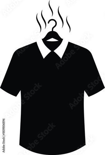 Smelly black polo shirt on a hanger with steam, unpleasant odor