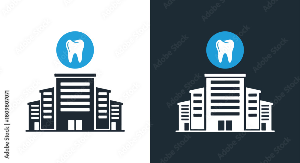 Fototapeta premium Dental clinic building with tooth icon - Vector icon symbol for website - Icon vector - Blue icon vector - Line and glyph solid icon and logo template