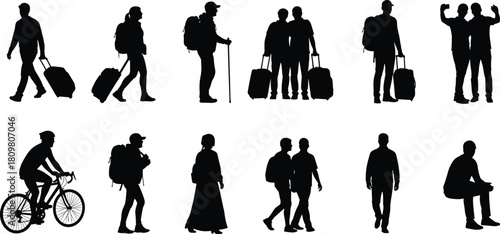 Set of traveler silhouettes, people walking with luggage suitcases and backpacks, hiking, cycling, tourist vacation concept, vector illustration collection