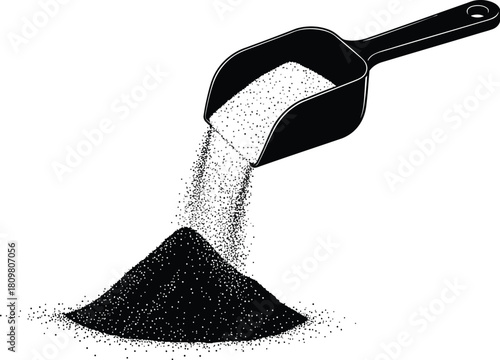 Black scoop pouring granular substance into a pile, monochrome style