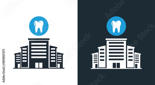 Dental clinic building with tooth icon - Vector icon symbol for website - Icon vector - Blue icon vector - Line and glyph solid icon and logo template