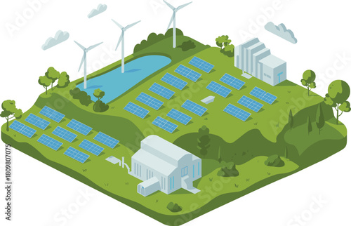 Isometric 3D illustration of sustainable energy landscape with solar panels, wind turbines, water reservoir, and eco-friendly green power station