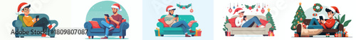 man relaxing with gadget on sofa during winter