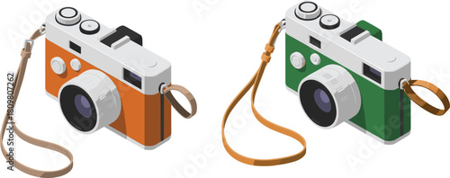 Isometric 3D illustration of two vintage retro cameras with leather straps, modern photography equipment concept for creative design